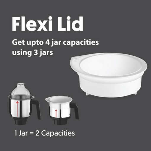 Preethi Zion Mixer Grinder for Kitchen - 4 Jars 750 Watt Mixie (3 Stainless steel Jars+1 Master Chef Plus Food processor Jar), Flexi lids, Vega W5 motor, Black (MG-227) - Image 3